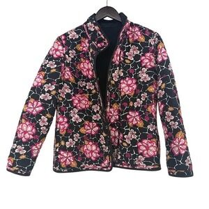 Talbots Reversible Quilted Jacket Black Pink Floral Button Front Womens Size M